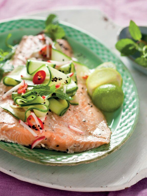 Baked-salmon-with-mint-and-cucumber-salad